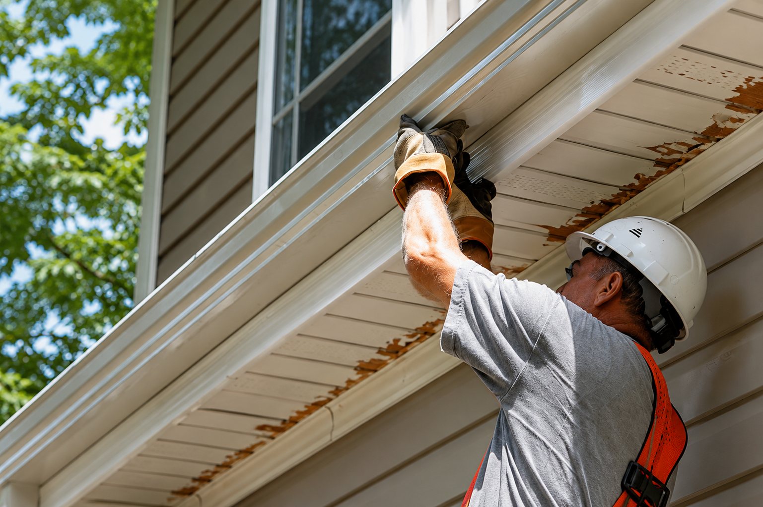 A technician in a hard hat fitting a new gutter beneath a soffit