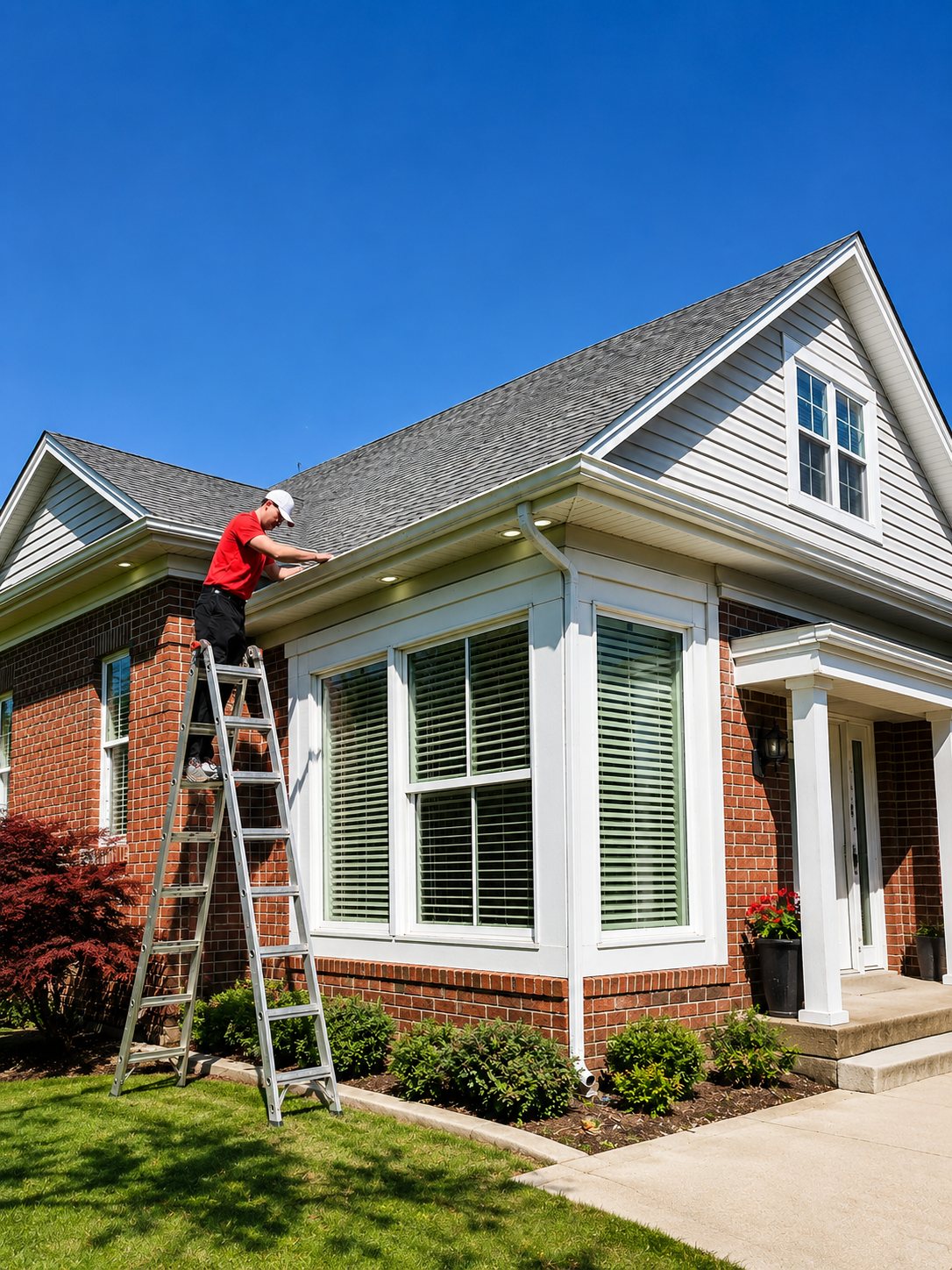 A gutter technician on a ladder working along the roofline of a home