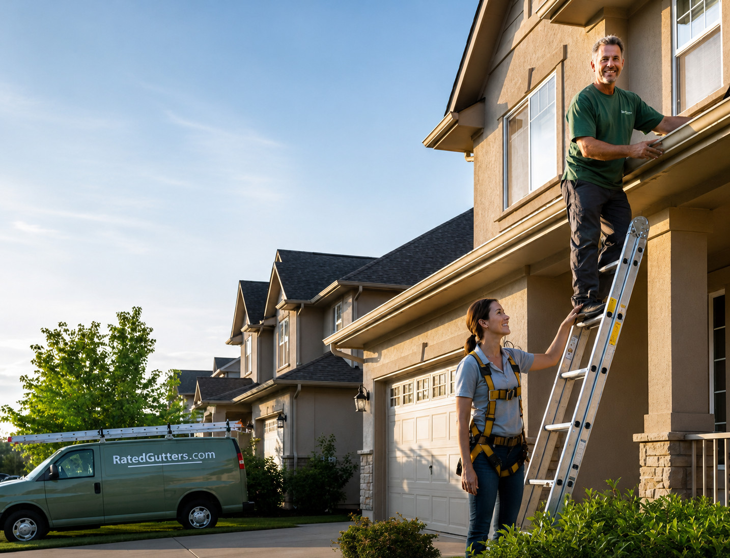 A RatedGutters.com specialist on a ladder fitting new gutter while a colleague steadies it